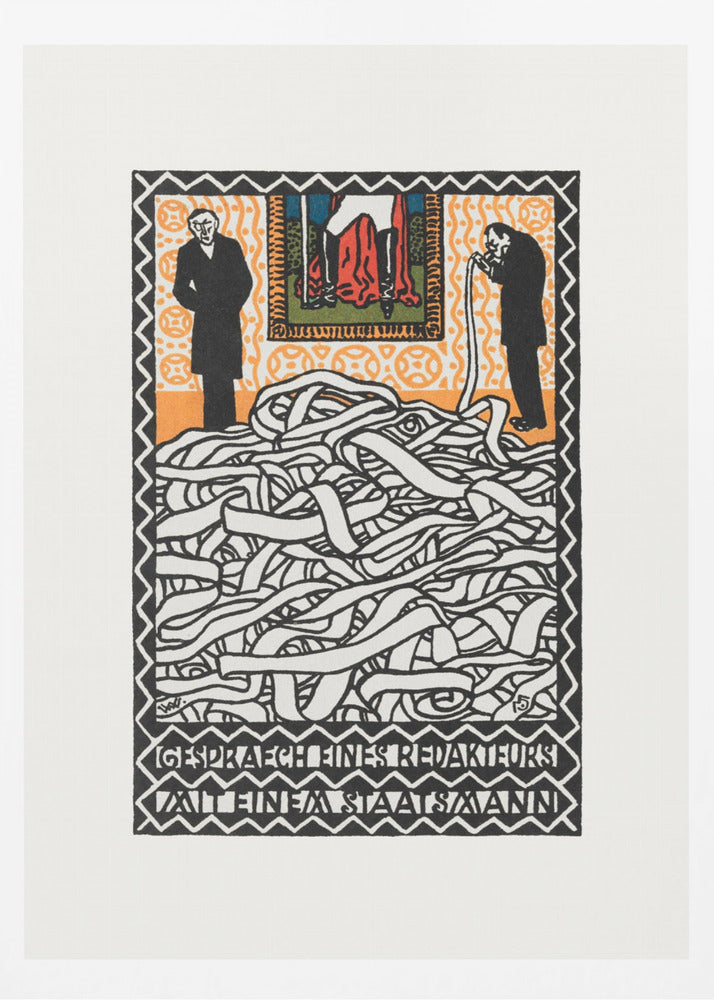 A vintage expressionist woodcut print titled 'Gespräch eines Redakteurs mit einem Staatsmann'. The artwork features two men in black suits standing on either side of a massive, tangled pile of white ticker tape. The man on the right appears to be consuming the tape. Above them is a small, colorful panel depicting a figure in red. The piece is characterized by bold black lines, an orange patterned background, and stylized German text at the bottom. Artwork