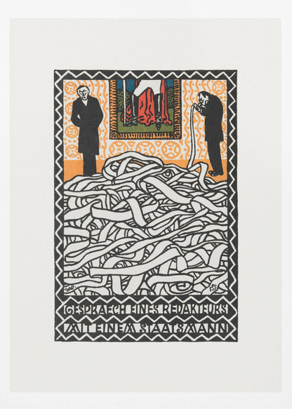 A vintage expressionist woodcut print titled 'Gespräch eines Redakteurs mit einem Staatsmann'. The artwork features two men in black suits standing on either side of a massive, tangled pile of white ticker tape. The man on the right appears to be consuming the tape. Above them is a small, colorful panel depicting a figure in red. The piece is characterized by bold black lines, an orange patterned background, and stylized German text at the bottom. Artwork