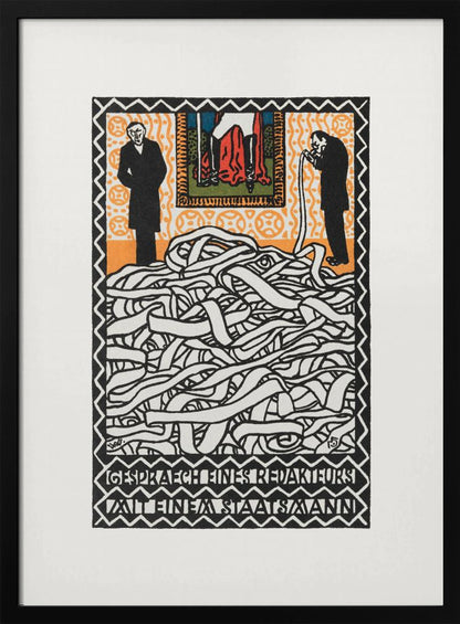 A vintage expressionist woodcut print titled 'Gespräch eines Redakteurs mit einem Staatsmann'. The artwork features two men in black suits standing on either side of a massive, tangled pile of white ticker tape. The man on the right appears to be consuming the tape. Above them is a small, colorful panel depicting a figure in red. The piece is characterized by bold black lines, an orange patterned background, and stylized German text at the bottom. Artwork