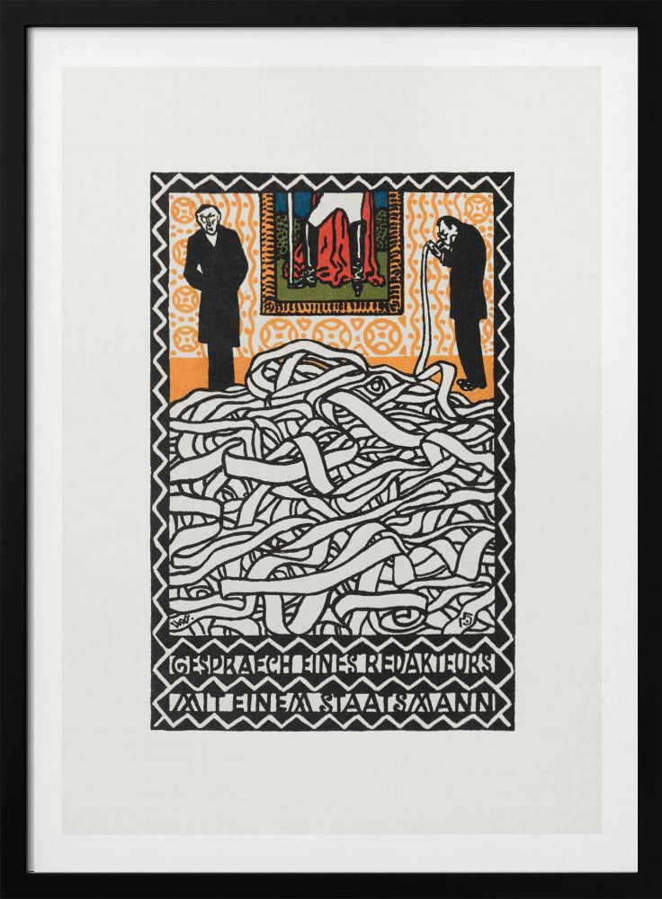 A vintage expressionist woodcut print titled 'Gespräch eines Redakteurs mit einem Staatsmann'. The artwork features two men in black suits standing on either side of a massive, tangled pile of white ticker tape. The man on the right appears to be consuming the tape. Above them is a small, colorful panel depicting a figure in red. The piece is characterized by bold black lines, an orange patterned background, and stylized German text at the bottom. Artwork