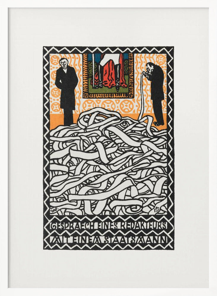 A vintage expressionist woodcut print titled 'Gespräch eines Redakteurs mit einem Staatsmann'. The artwork features two men in black suits standing on either side of a massive, tangled pile of white ticker tape. The man on the right appears to be consuming the tape. Above them is a small, colorful panel depicting a figure in red. The piece is characterized by bold black lines, an orange patterned background, and stylized German text at the bottom. Artwork