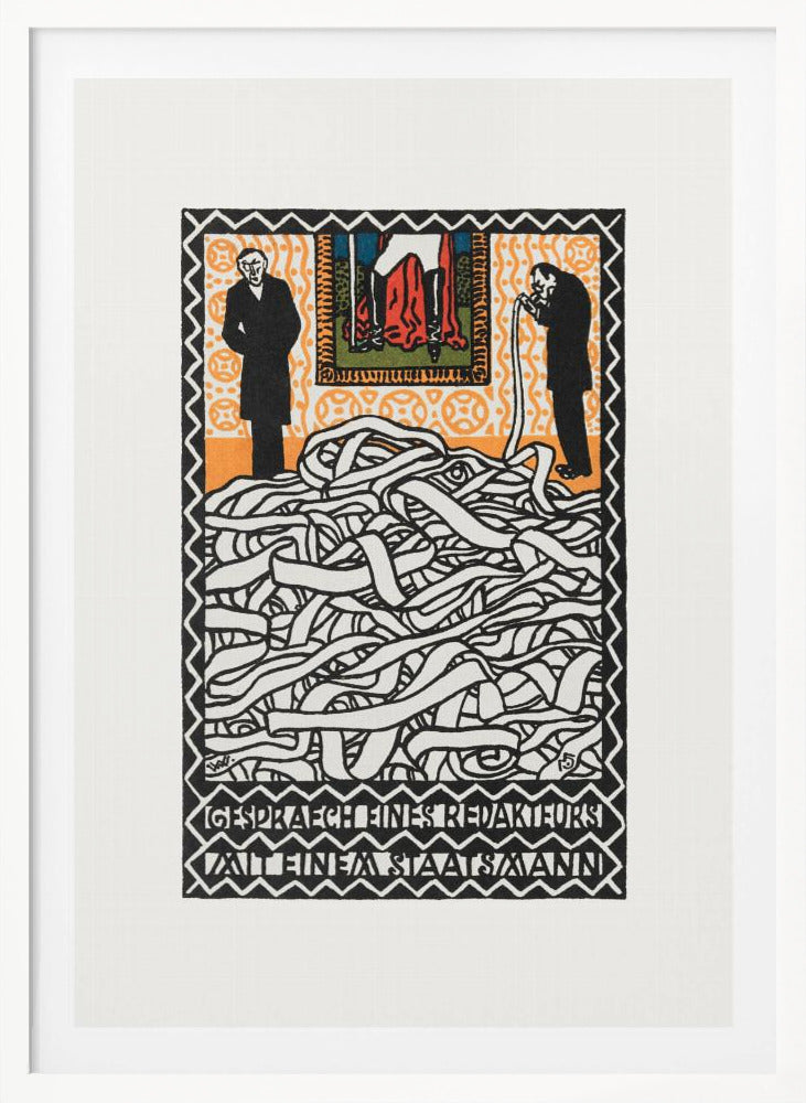 A vintage expressionist woodcut print titled 'Gespräch eines Redakteurs mit einem Staatsmann'. The artwork features two men in black suits standing on either side of a massive, tangled pile of white ticker tape. The man on the right appears to be consuming the tape. Above them is a small, colorful panel depicting a figure in red. The piece is characterized by bold black lines, an orange patterned background, and stylized German text at the bottom. Artwork