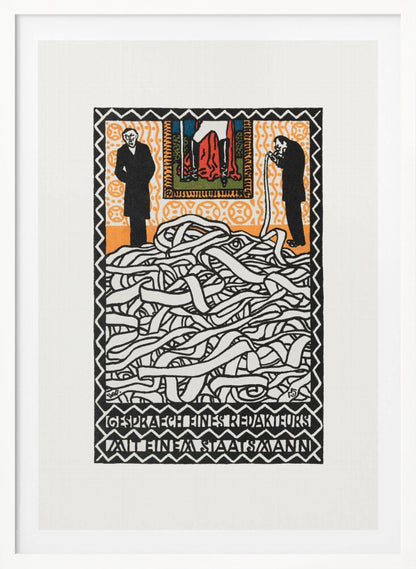 A vintage expressionist woodcut print titled 'Gespräch eines Redakteurs mit einem Staatsmann'. The artwork features two men in black suits standing on either side of a massive, tangled pile of white ticker tape. The man on the right appears to be consuming the tape. Above them is a small, colorful panel depicting a figure in red. The piece is characterized by bold black lines, an orange patterned background, and stylized German text at the bottom. Artwork