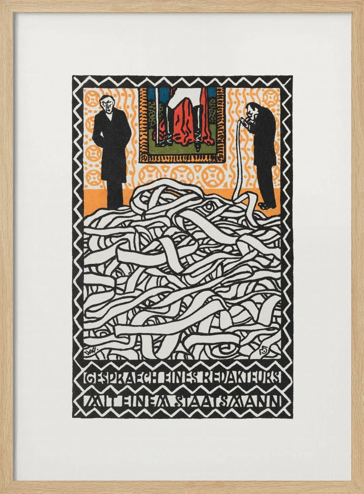 A vintage expressionist woodcut print titled 'Gespräch eines Redakteurs mit einem Staatsmann'. The artwork features two men in black suits standing on either side of a massive, tangled pile of white ticker tape. The man on the right appears to be consuming the tape. Above them is a small, colorful panel depicting a figure in red. The piece is characterized by bold black lines, an orange patterned background, and stylized German text at the bottom. Artwork