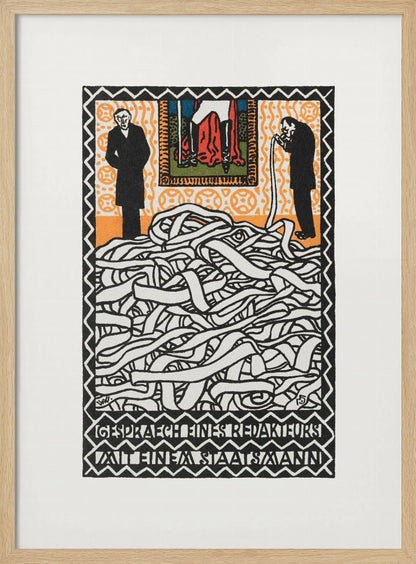 A vintage expressionist woodcut print titled 'Gespräch eines Redakteurs mit einem Staatsmann'. The artwork features two men in black suits standing on either side of a massive, tangled pile of white ticker tape. The man on the right appears to be consuming the tape. Above them is a small, colorful panel depicting a figure in red. The piece is characterized by bold black lines, an orange patterned background, and stylized German text at the bottom. Artwork