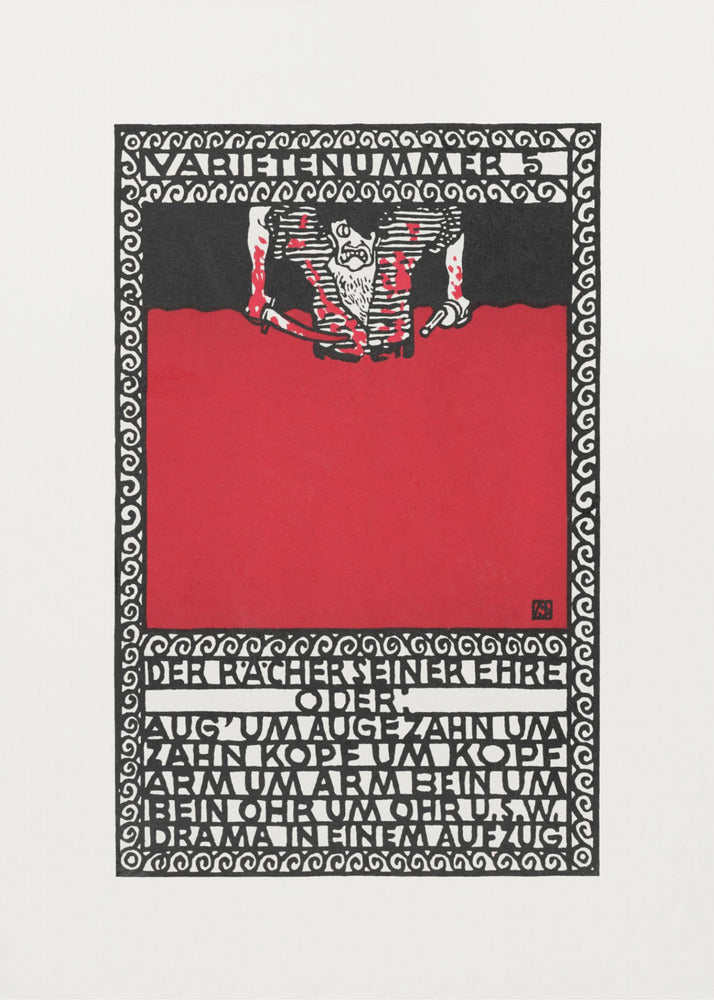 A vintage German expressionist poster by Moriz Jung titled 'Varietenummer 5'. The piece features a bold graphic style with stark red, black, and white colors, a tormented figure, and German typography enclosed in an intricate decorative border, all within a black frame. Decor