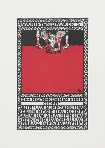 A vintage German expressionist poster by Moriz Jung titled 'Varietenummer 5'. The piece features a bold graphic style with stark red, black, and white colors, a tormented figure, and German typography enclosed in an intricate decorative border, all within a black frame. Decor