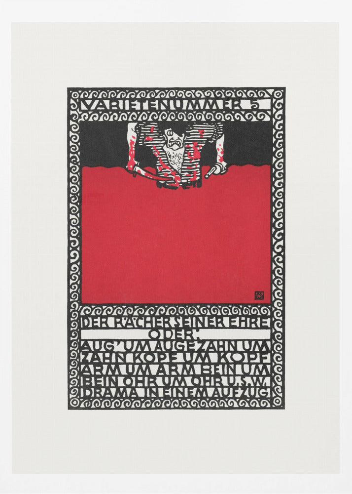 A vintage German expressionist poster by Moriz Jung titled 'Varietenummer 5'. The piece features a bold graphic style with stark red, black, and white colors, a tormented figure, and German typography enclosed in an intricate decorative border, all within a black frame. Decor