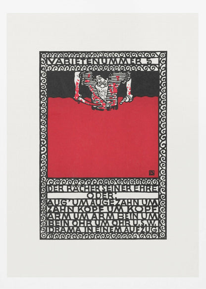A vintage German expressionist poster by Moriz Jung titled 'Varietenummer 5'. The piece features a bold graphic style with stark red, black, and white colors, a tormented figure, and German typography enclosed in an intricate decorative border, all within a black frame. Decor