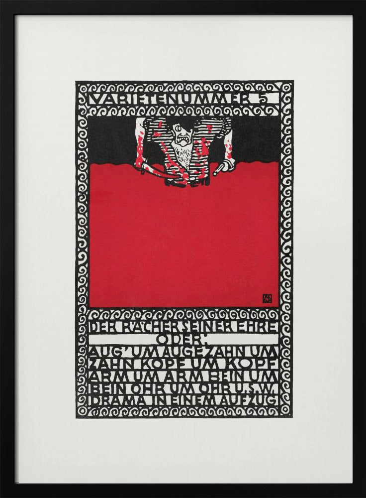 A vintage German expressionist poster by Moriz Jung titled 'Varietenummer 5'. The piece features a bold graphic style with stark red, black, and white colors, a tormented figure, and German typography enclosed in an intricate decorative border, all within a black frame. Decor