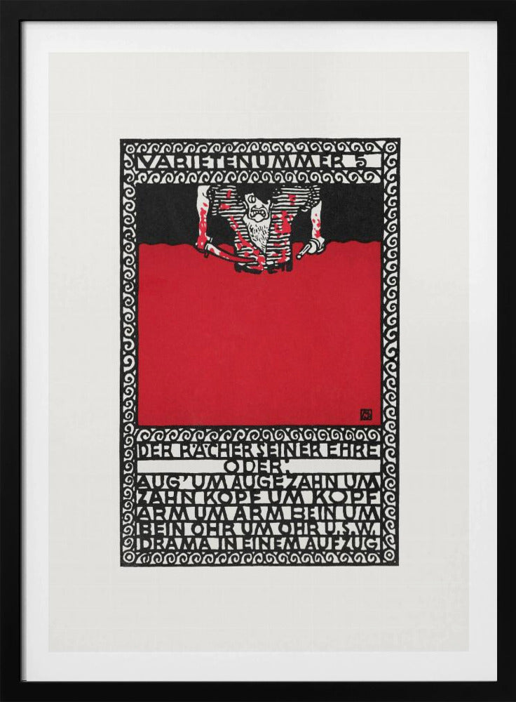 A vintage German expressionist poster by Moriz Jung titled 'Varietenummer 5'. The piece features a bold graphic style with stark red, black, and white colors, a tormented figure, and German typography enclosed in an intricate decorative border, all within a black frame. Decor