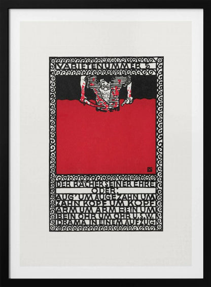 A vintage German expressionist poster by Moriz Jung titled 'Varietenummer 5'. The piece features a bold graphic style with stark red, black, and white colors, a tormented figure, and German typography enclosed in an intricate decorative border, all within a black frame. Decor