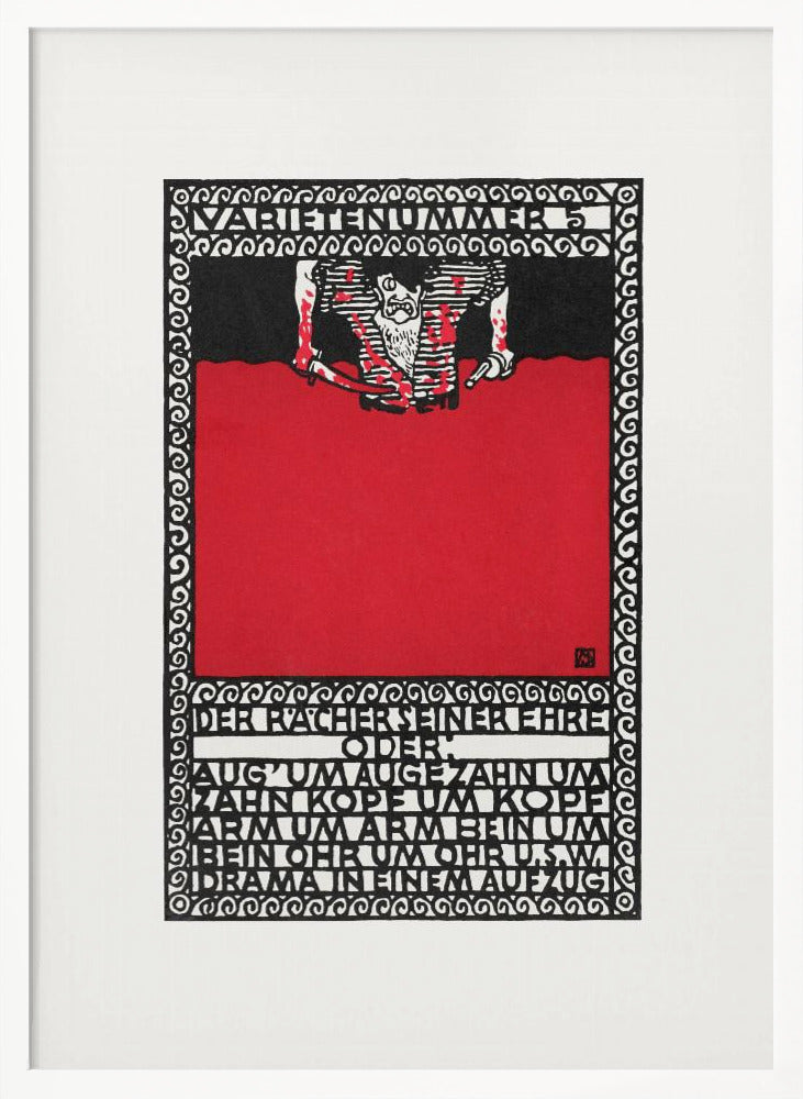 A vintage German expressionist poster by Moriz Jung titled 'Varietenummer 5'. The piece features a bold graphic style with stark red, black, and white colors, a tormented figure, and German typography enclosed in an intricate decorative border, all within a black frame. Decor