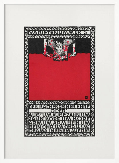 A vintage German expressionist poster by Moriz Jung titled 'Varietenummer 5'. The piece features a bold graphic style with stark red, black, and white colors, a tormented figure, and German typography enclosed in an intricate decorative border, all within a black frame. Decor