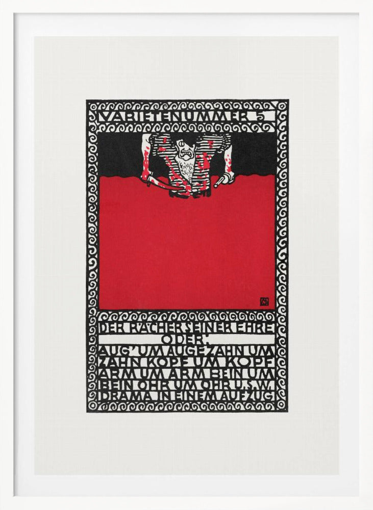 A vintage German expressionist poster by Moriz Jung titled 'Varietenummer 5'. The piece features a bold graphic style with stark red, black, and white colors, a tormented figure, and German typography enclosed in an intricate decorative border, all within a black frame. Decor