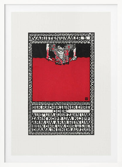 A vintage German expressionist poster by Moriz Jung titled 'Varietenummer 5'. The piece features a bold graphic style with stark red, black, and white colors, a tormented figure, and German typography enclosed in an intricate decorative border, all within a black frame. Decor