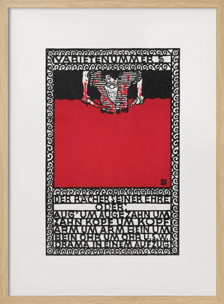 A vintage German expressionist poster by Moriz Jung titled 'Varietenummer 5'. The piece features a bold graphic style with stark red, black, and white colors, a tormented figure, and German typography enclosed in an intricate decorative border, all within a black frame. Decor
