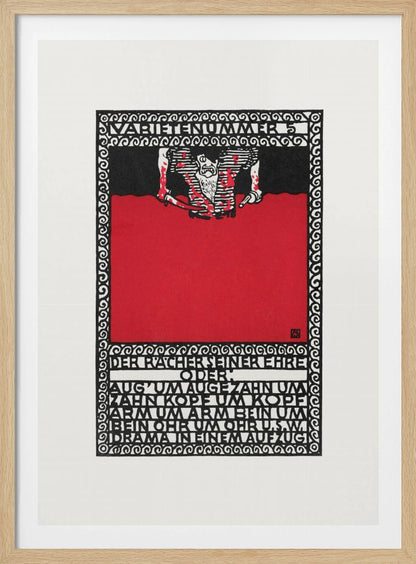 A vintage German expressionist poster by Moriz Jung titled 'Varietenummer 5'. The piece features a bold graphic style with stark red, black, and white colors, a tormented figure, and German typography enclosed in an intricate decorative border, all within a black frame. Decor