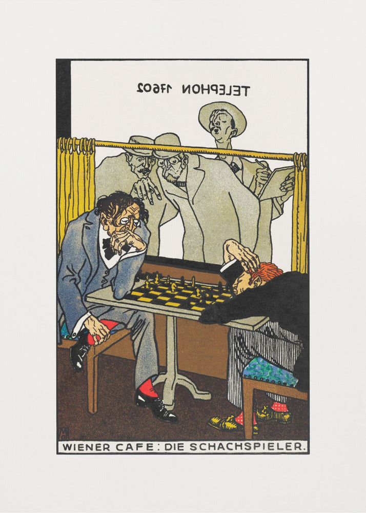A vintage art poster titled 'WIENER CAFE: DIE SCHACHSPIELER' depicting a tense chess match. One player with disheveled hair intensely studies the board, while his opponent has slumped over in defeat. Onlookers watch the game from behind a yellow curtain. Wall Art