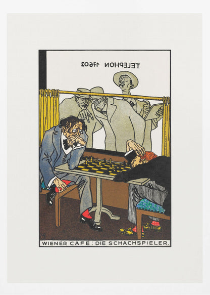 A vintage art poster titled 'WIENER CAFE: DIE SCHACHSPIELER' depicting a tense chess match. One player with disheveled hair intensely studies the board, while his opponent has slumped over in defeat. Onlookers watch the game from behind a yellow curtain. Wall Art