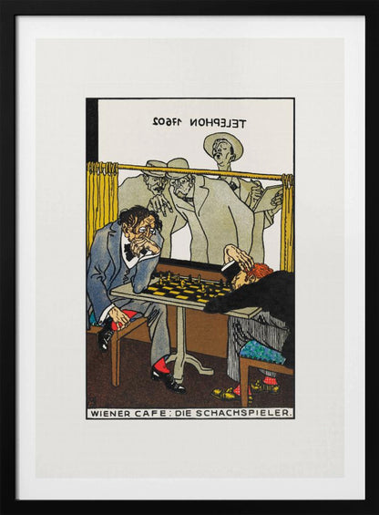 A vintage art poster titled 'WIENER CAFE: DIE SCHACHSPIELER' depicting a tense chess match. One player with disheveled hair intensely studies the board, while his opponent has slumped over in defeat. Onlookers watch the game from behind a yellow curtain. Wall Art