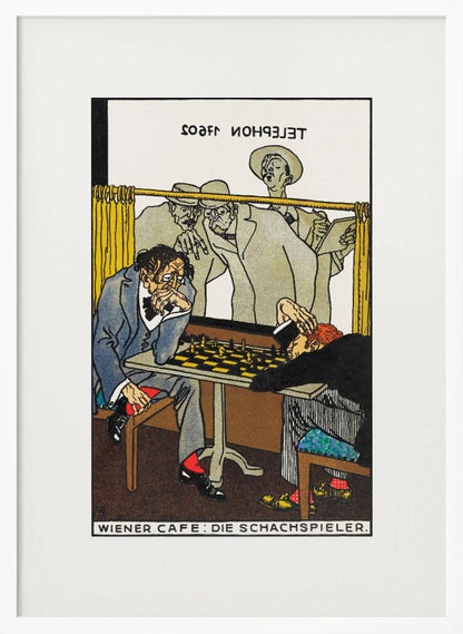 A vintage art poster titled 'WIENER CAFE: DIE SCHACHSPIELER' depicting a tense chess match. One player with disheveled hair intensely studies the board, while his opponent has slumped over in defeat. Onlookers watch the game from behind a yellow curtain. Wall Art