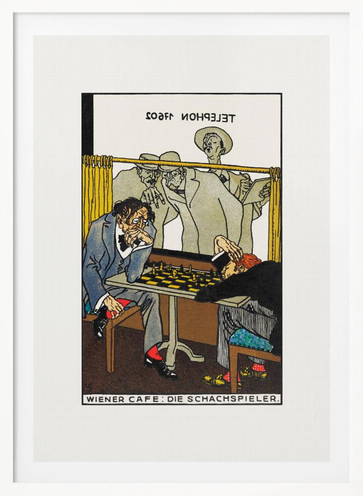 A vintage art poster titled 'WIENER CAFE: DIE SCHACHSPIELER' depicting a tense chess match. One player with disheveled hair intensely studies the board, while his opponent has slumped over in defeat. Onlookers watch the game from behind a yellow curtain. Wall Art