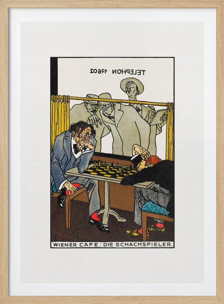 A vintage art poster titled 'WIENER CAFE: DIE SCHACHSPIELER' depicting a tense chess match. One player with disheveled hair intensely studies the board, while his opponent has slumped over in defeat. Onlookers watch the game from behind a yellow curtain. Wall Art