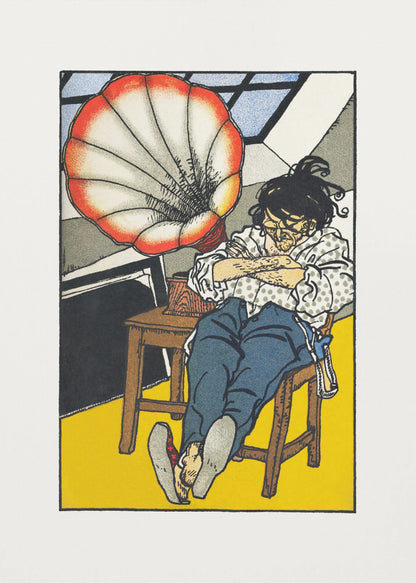 A Japanese woodblock-style print showing a person asleep in a chair next to a gramophone with a large, red and white, shell-shaped horn. The figure wears glasses, a patterned shirt, and blue trousers, and the room has a bright yellow floor. Wall Art