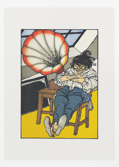 A Japanese woodblock-style print showing a person asleep in a chair next to a gramophone with a large, red and white, shell-shaped horn. The figure wears glasses, a patterned shirt, and blue trousers, and the room has a bright yellow floor. Wall Art