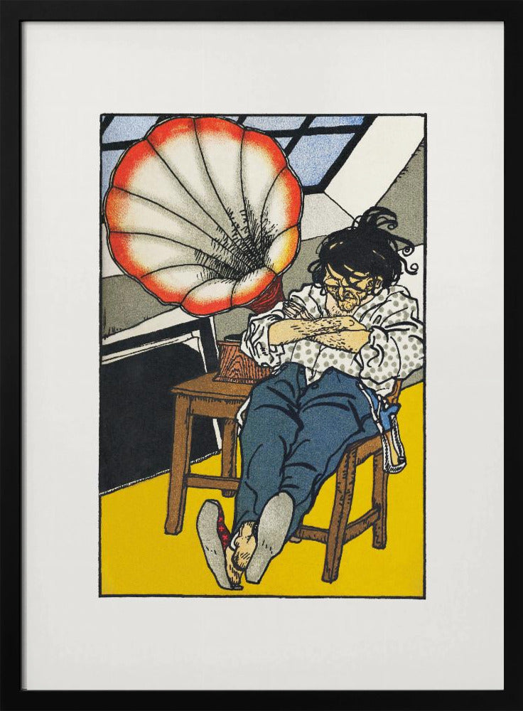 A Japanese woodblock-style print showing a person asleep in a chair next to a gramophone with a large, red and white, shell-shaped horn. The figure wears glasses, a patterned shirt, and blue trousers, and the room has a bright yellow floor. Wall Art