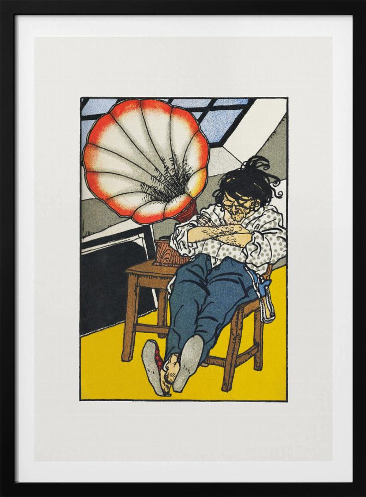 A Japanese woodblock-style print showing a person asleep in a chair next to a gramophone with a large, red and white, shell-shaped horn. The figure wears glasses, a patterned shirt, and blue trousers, and the room has a bright yellow floor. Wall Art