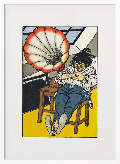 A Japanese woodblock-style print showing a person asleep in a chair next to a gramophone with a large, red and white, shell-shaped horn. The figure wears glasses, a patterned shirt, and blue trousers, and the room has a bright yellow floor. Wall Art