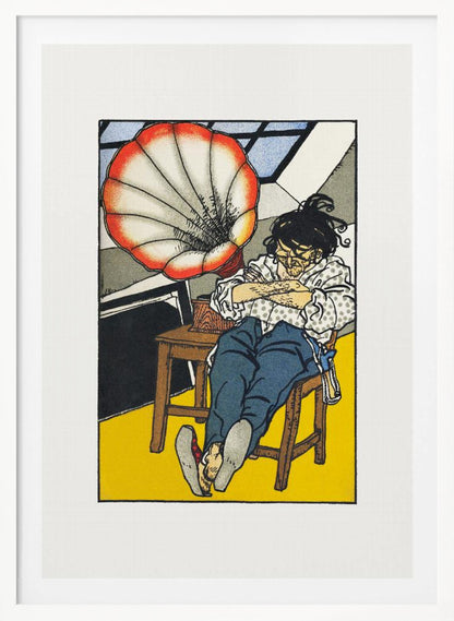 A Japanese woodblock-style print showing a person asleep in a chair next to a gramophone with a large, red and white, shell-shaped horn. The figure wears glasses, a patterned shirt, and blue trousers, and the room has a bright yellow floor. Wall Art
