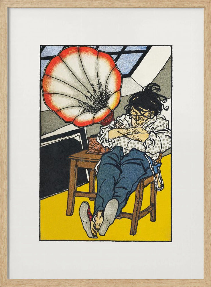 A Japanese woodblock-style print showing a person asleep in a chair next to a gramophone with a large, red and white, shell-shaped horn. The figure wears glasses, a patterned shirt, and blue trousers, and the room has a bright yellow floor. Wall Art
