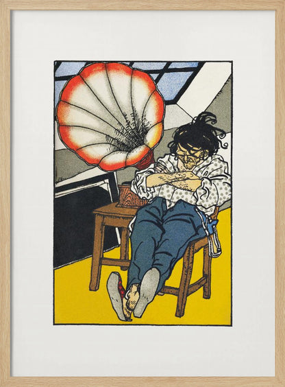 A Japanese woodblock-style print showing a person asleep in a chair next to a gramophone with a large, red and white, shell-shaped horn. The figure wears glasses, a patterned shirt, and blue trousers, and the room has a bright yellow floor. Wall Art