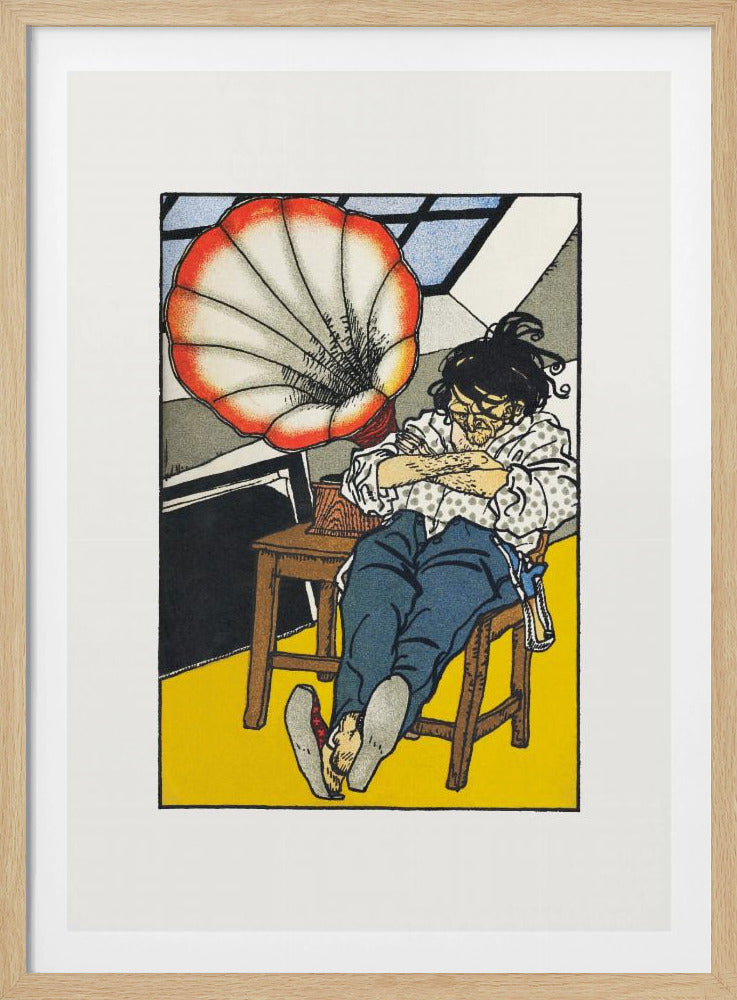 A Japanese woodblock-style print showing a person asleep in a chair next to a gramophone with a large, red and white, shell-shaped horn. The figure wears glasses, a patterned shirt, and blue trousers, and the room has a bright yellow floor. Wall Art