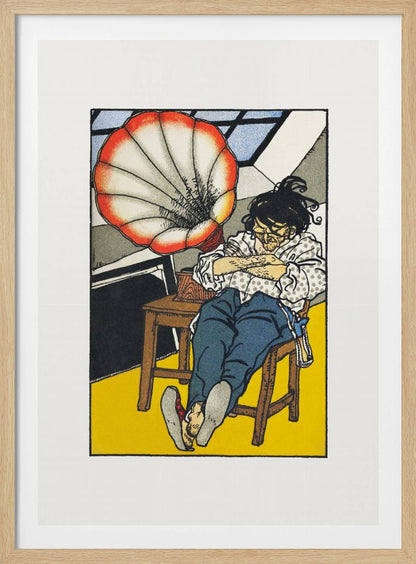 A Japanese woodblock-style print showing a person asleep in a chair next to a gramophone with a large, red and white, shell-shaped horn. The figure wears glasses, a patterned shirt, and blue trousers, and the room has a bright yellow floor. Wall Art