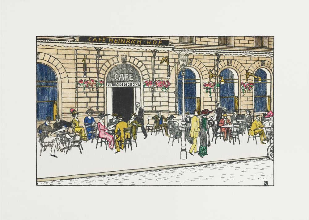 A vintage-style color illustration of the exterior of 'Cafe Heinrich Hof'. Patrons dressed in early 20th-century attire are seated at tables on the sidewalk patio, socializing under the building's arched windows. The artwork is shown within a silver frame. Decor