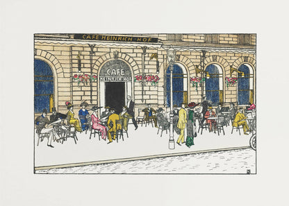 A vintage-style color illustration of the exterior of 'Cafe Heinrich Hof'. Patrons dressed in early 20th-century attire are seated at tables on the sidewalk patio, socializing under the building's arched windows. The artwork is shown within a silver frame. Decor
