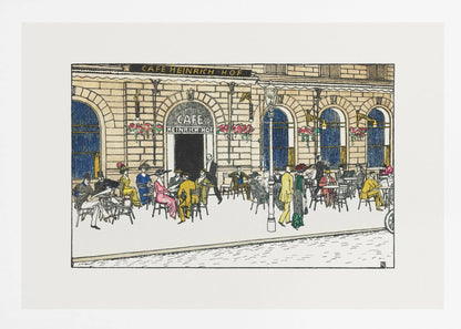 A vintage-style color illustration of the exterior of 'Cafe Heinrich Hof'. Patrons dressed in early 20th-century attire are seated at tables on the sidewalk patio, socializing under the building's arched windows. The artwork is shown within a silver frame. Decor