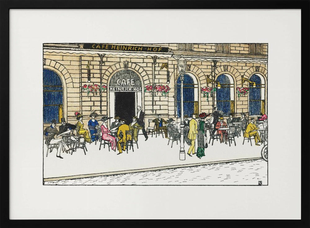 A vintage-style color illustration of the exterior of 'Cafe Heinrich Hof'. Patrons dressed in early 20th-century attire are seated at tables on the sidewalk patio, socializing under the building's arched windows. The artwork is shown within a silver frame. Decor