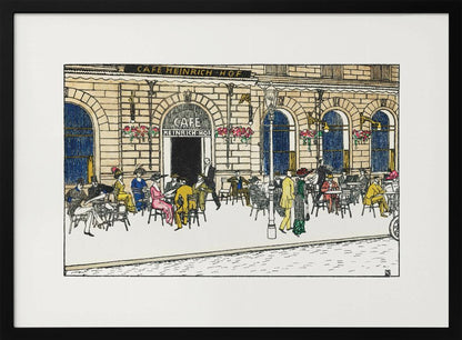 A vintage-style color illustration of the exterior of 'Cafe Heinrich Hof'. Patrons dressed in early 20th-century attire are seated at tables on the sidewalk patio, socializing under the building's arched windows. The artwork is shown within a silver frame. Decor