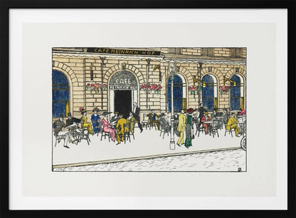 A vintage-style color illustration of the exterior of 'Cafe Heinrich Hof'. Patrons dressed in early 20th-century attire are seated at tables on the sidewalk patio, socializing under the building's arched windows. The artwork is shown within a silver frame. Decor
