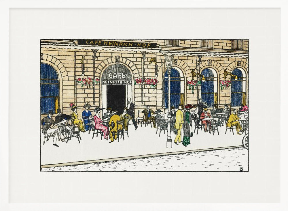 A vintage-style color illustration of the exterior of 'Cafe Heinrich Hof'. Patrons dressed in early 20th-century attire are seated at tables on the sidewalk patio, socializing under the building's arched windows. The artwork is shown within a silver frame. Decor