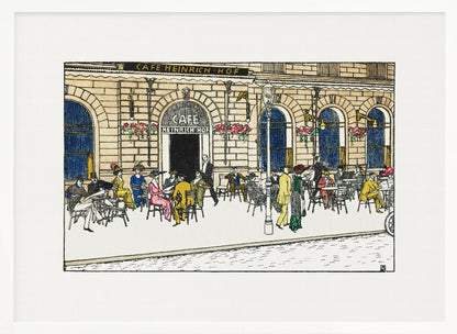A vintage-style color illustration of the exterior of 'Cafe Heinrich Hof'. Patrons dressed in early 20th-century attire are seated at tables on the sidewalk patio, socializing under the building's arched windows. The artwork is shown within a silver frame. Decor