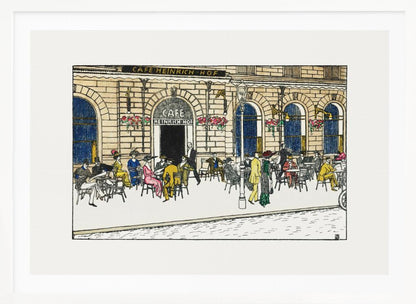 A vintage-style color illustration of the exterior of 'Cafe Heinrich Hof'. Patrons dressed in early 20th-century attire are seated at tables on the sidewalk patio, socializing under the building's arched windows. The artwork is shown within a silver frame. Decor