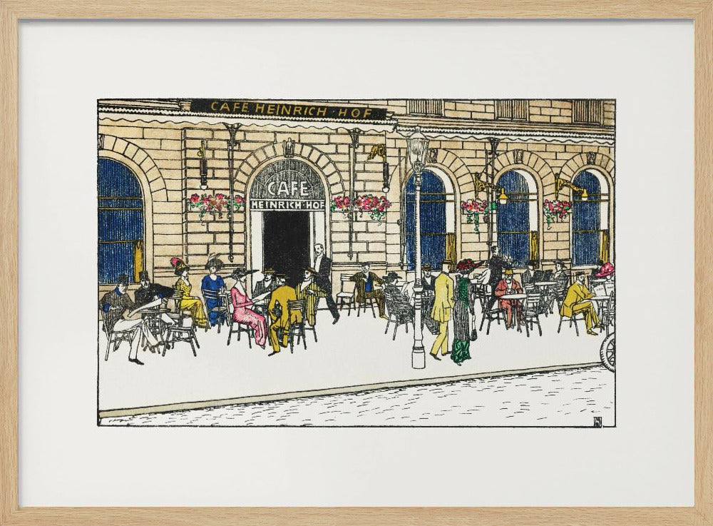 A vintage-style color illustration of the exterior of 'Cafe Heinrich Hof'. Patrons dressed in early 20th-century attire are seated at tables on the sidewalk patio, socializing under the building's arched windows. The artwork is shown within a silver frame. Decor
