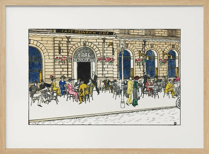 A vintage-style color illustration of the exterior of 'Cafe Heinrich Hof'. Patrons dressed in early 20th-century attire are seated at tables on the sidewalk patio, socializing under the building's arched windows. The artwork is shown within a silver frame. Decor