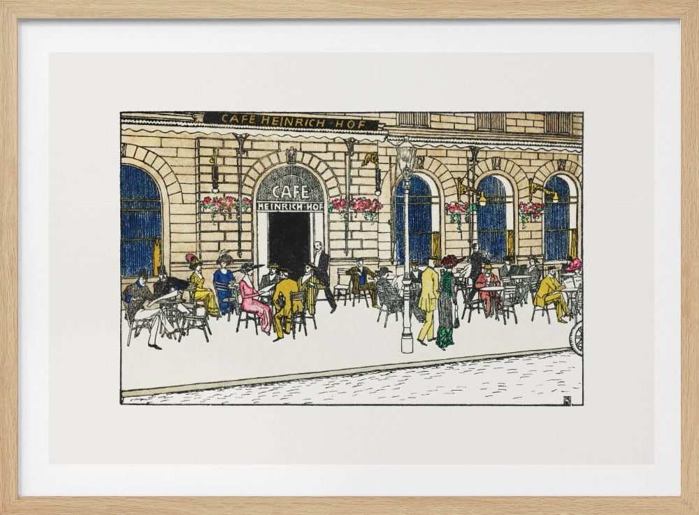 A vintage-style color illustration of the exterior of 'Cafe Heinrich Hof'. Patrons dressed in early 20th-century attire are seated at tables on the sidewalk patio, socializing under the building's arched windows. The artwork is shown within a silver frame. Decor